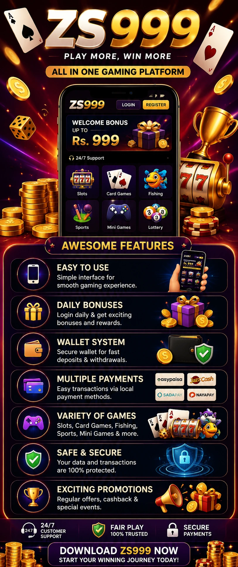 ZS999 gaming application with slots, card games, fishing games, promotions, wallet system, and secure online gaming experience.